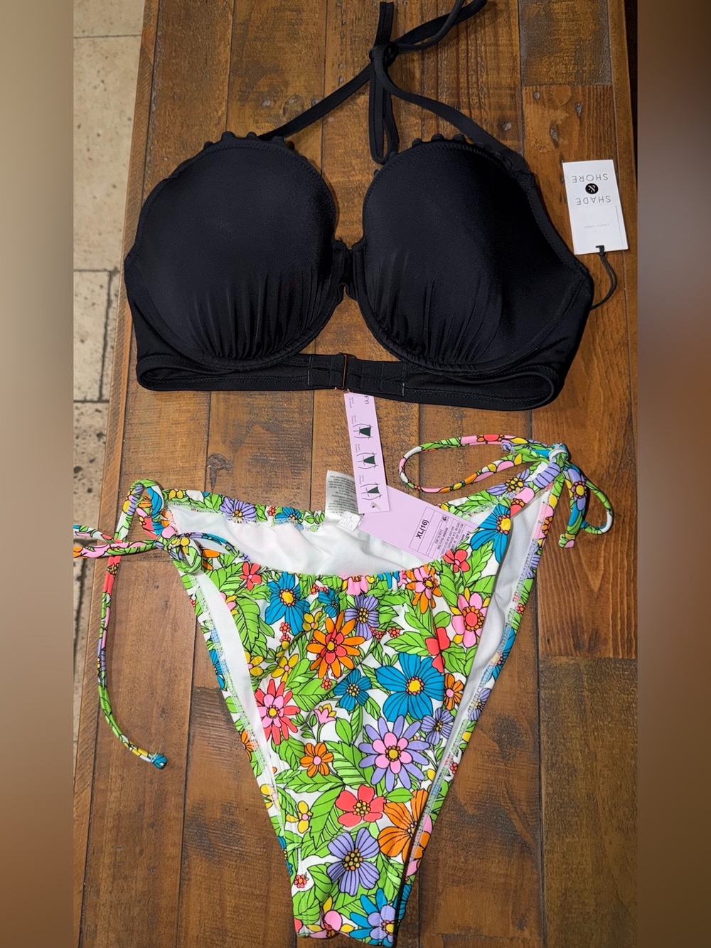 Target Black Halter Bikini Top with Multicolor Floral Tie-Side Bikini Bottoms
